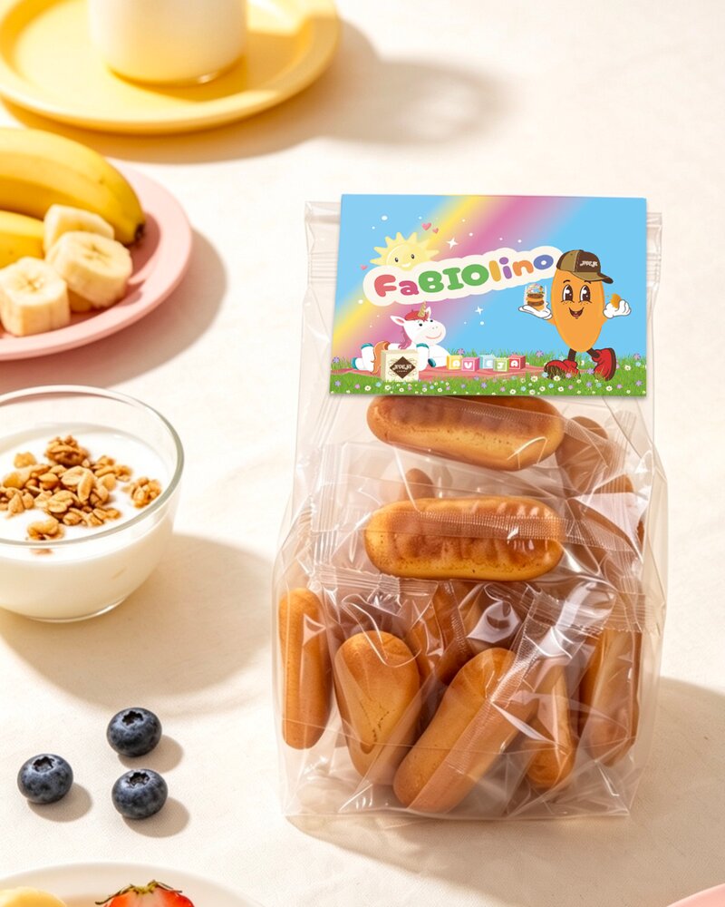 FaBIOlino in sacchetto con yogurt, frutta e mirtilli per la colazione