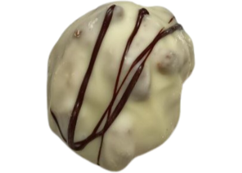 A white Tartuffo with almonds and a dark chocolate drizzle